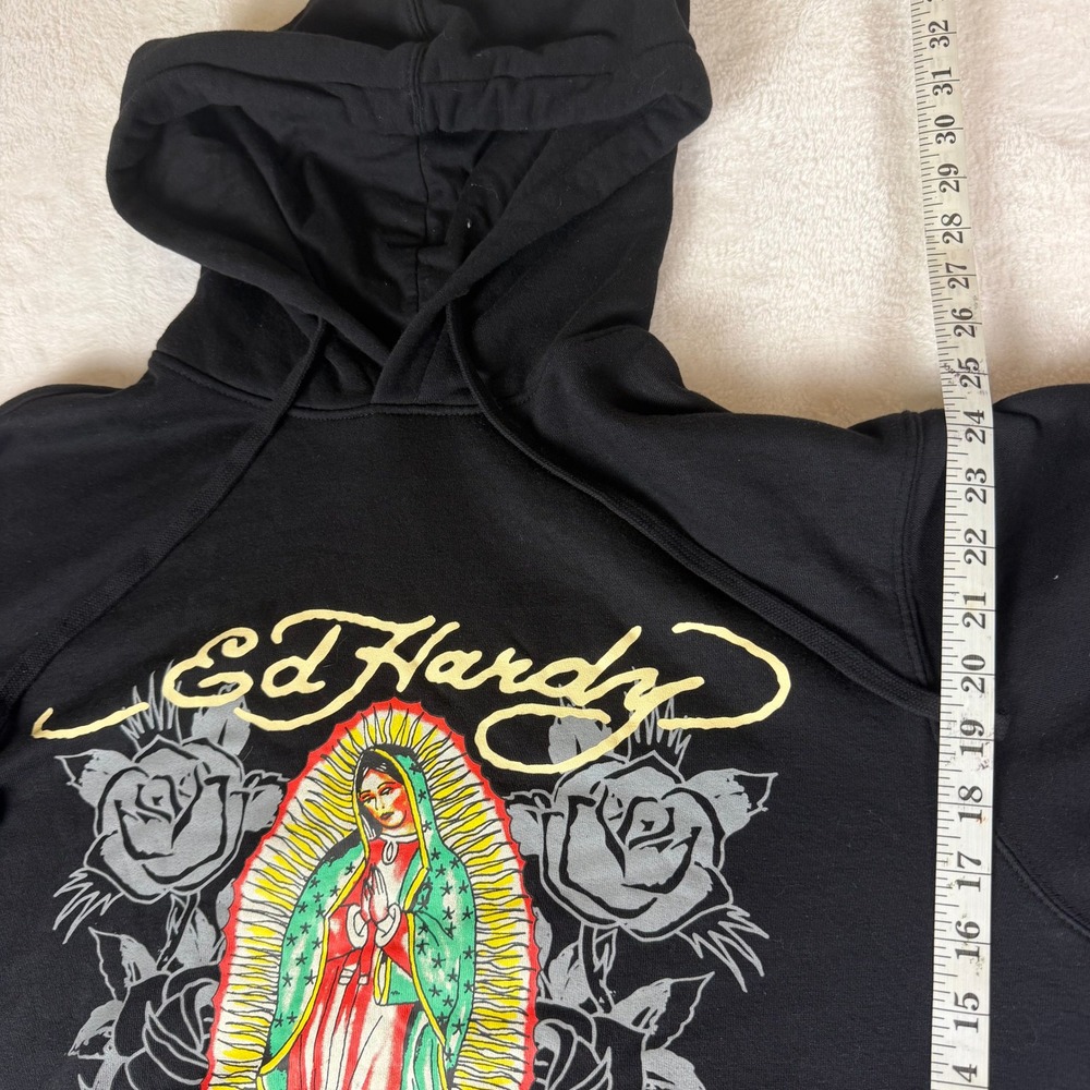 Ed Hardy Mens Large Graphic Hoodie Black Virgin Mary Rose Sweatshirt Winter - Picture 7 of 8